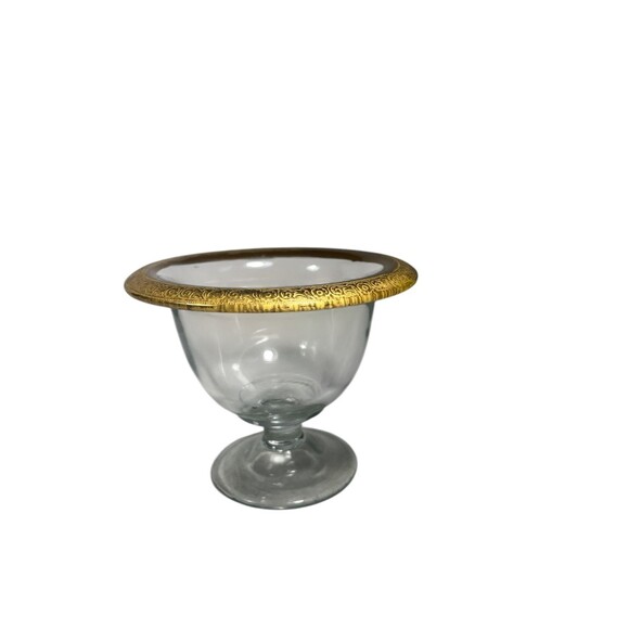 Vintage Glass Footed Candy Bowl Gold Encrusted Rim Paint Scroll Crystal Compote - Picture 10 of 11